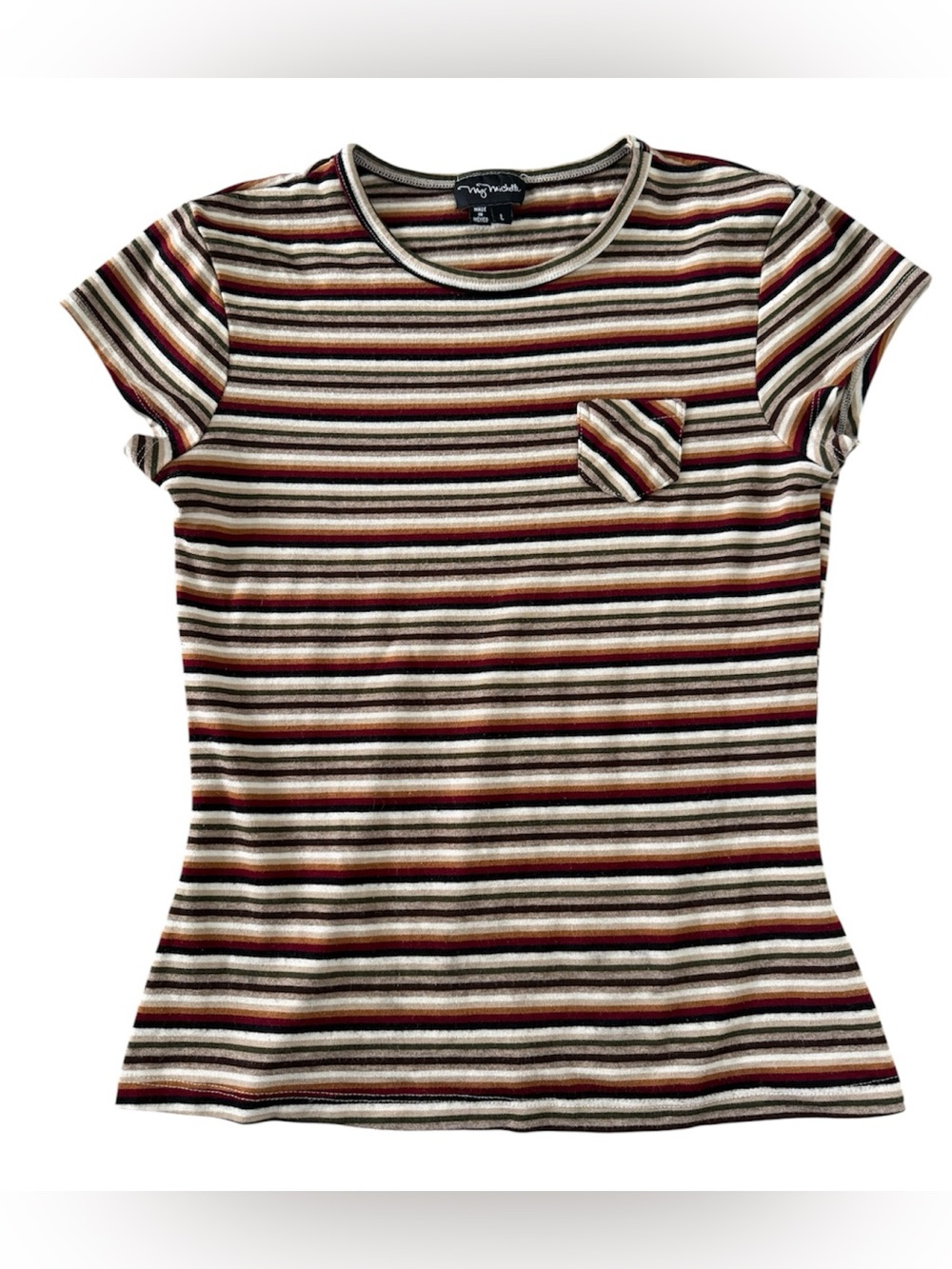 My Michelle Y2K, Multi Colored Earth Tone Striped Fitted Tee, Women's Large